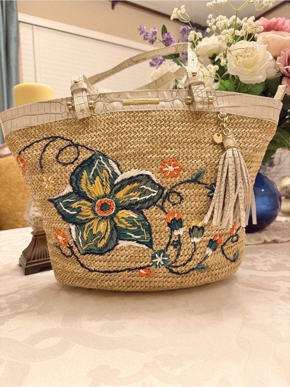 Brahmin Straw and Croc Embossed Leather Tote NWT